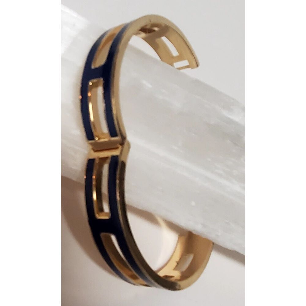 J. Crew Bracelet Hinged with Lock Navy Blue Enamel Gold Pierced Panels Bordered - Picture 8 of 12